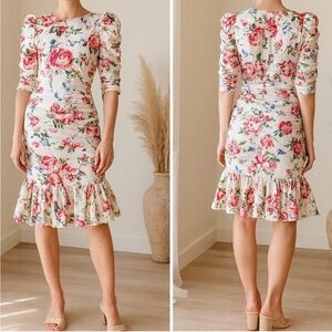 By Timo ByTimo Flora Bubble Satin Ruched Floral Midi Dress White Green Pink S